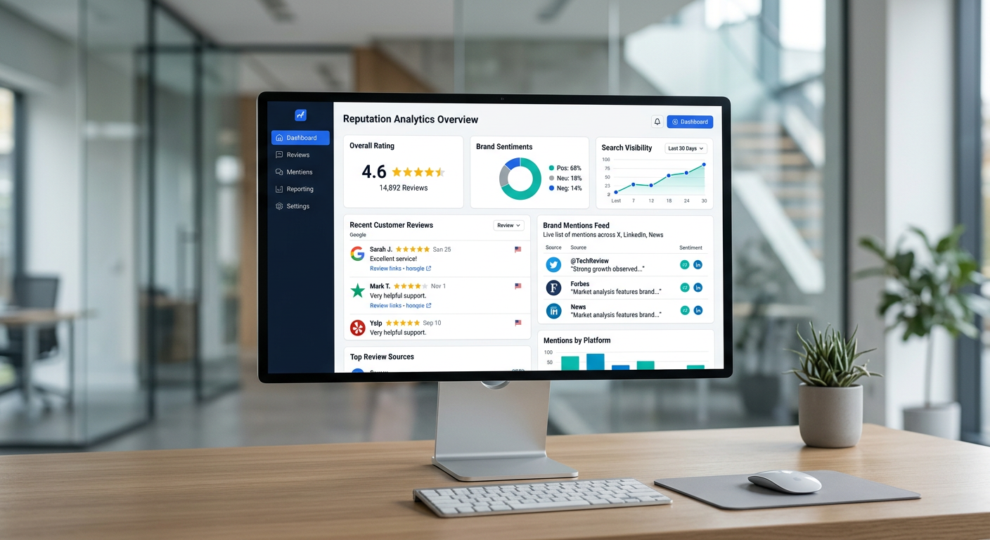 Online reputation management dashboard showing customer reviews, brand mentions and reputation analytics