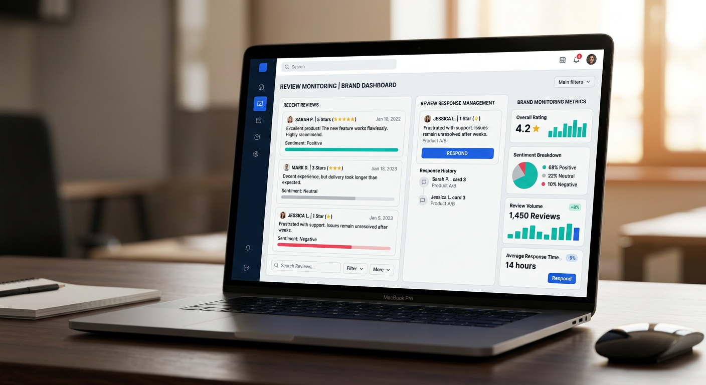 Business reputation monitoring interface showing customer reviews and online brand feedback