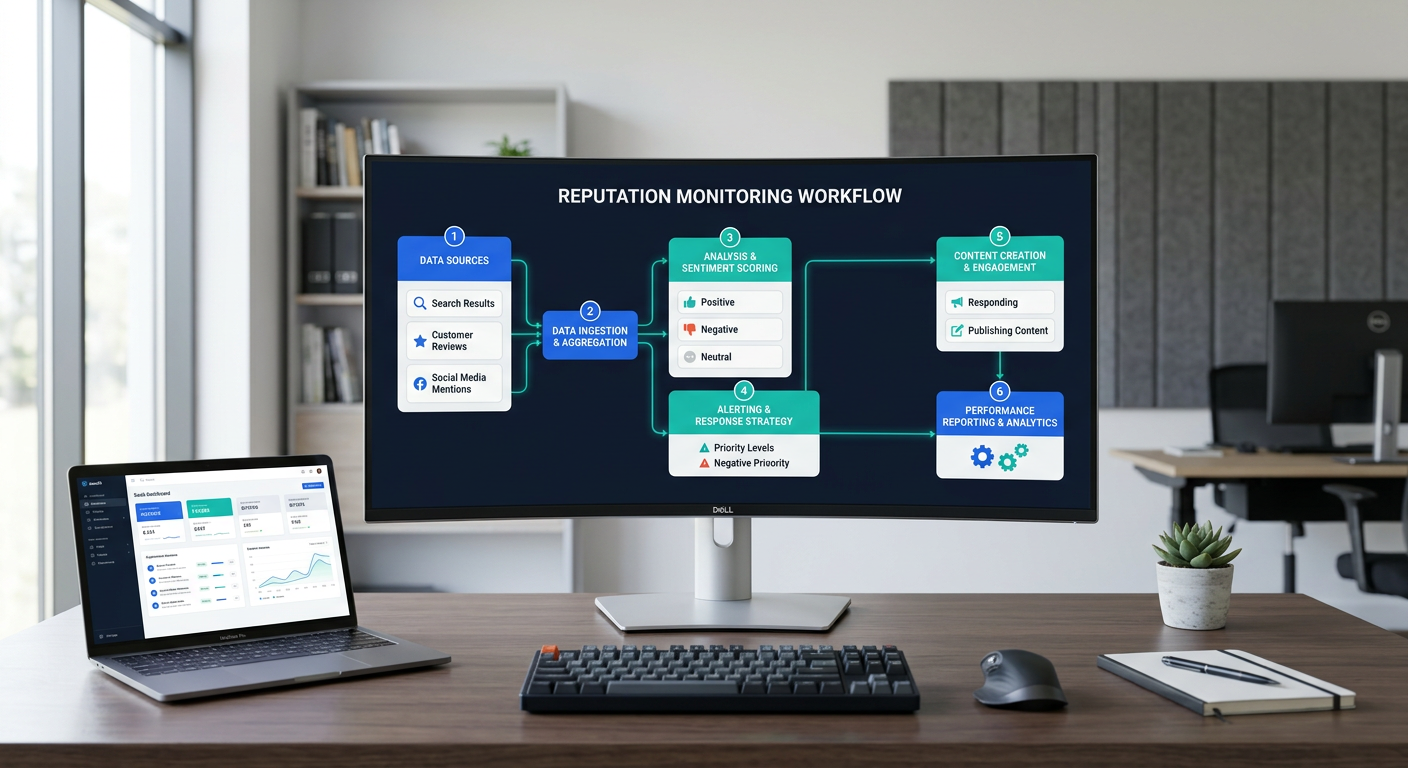Digital reputation management workflow connecting reviews, search results and brand mentions